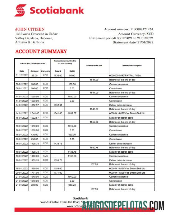 Antigua And Barbuda Scotiabank Bank Statement Xls amostra